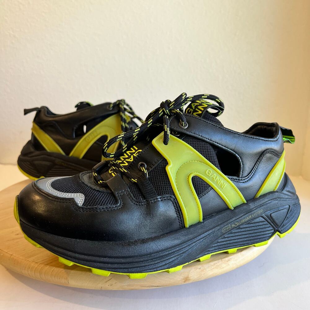 Ganni Neon Green Black Leather Vibram Sneakers Women's Size 9